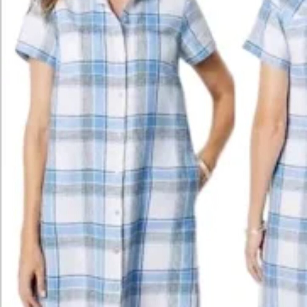 J. Jill Blue and White Plaid Linen Shirt Dress size S Petite